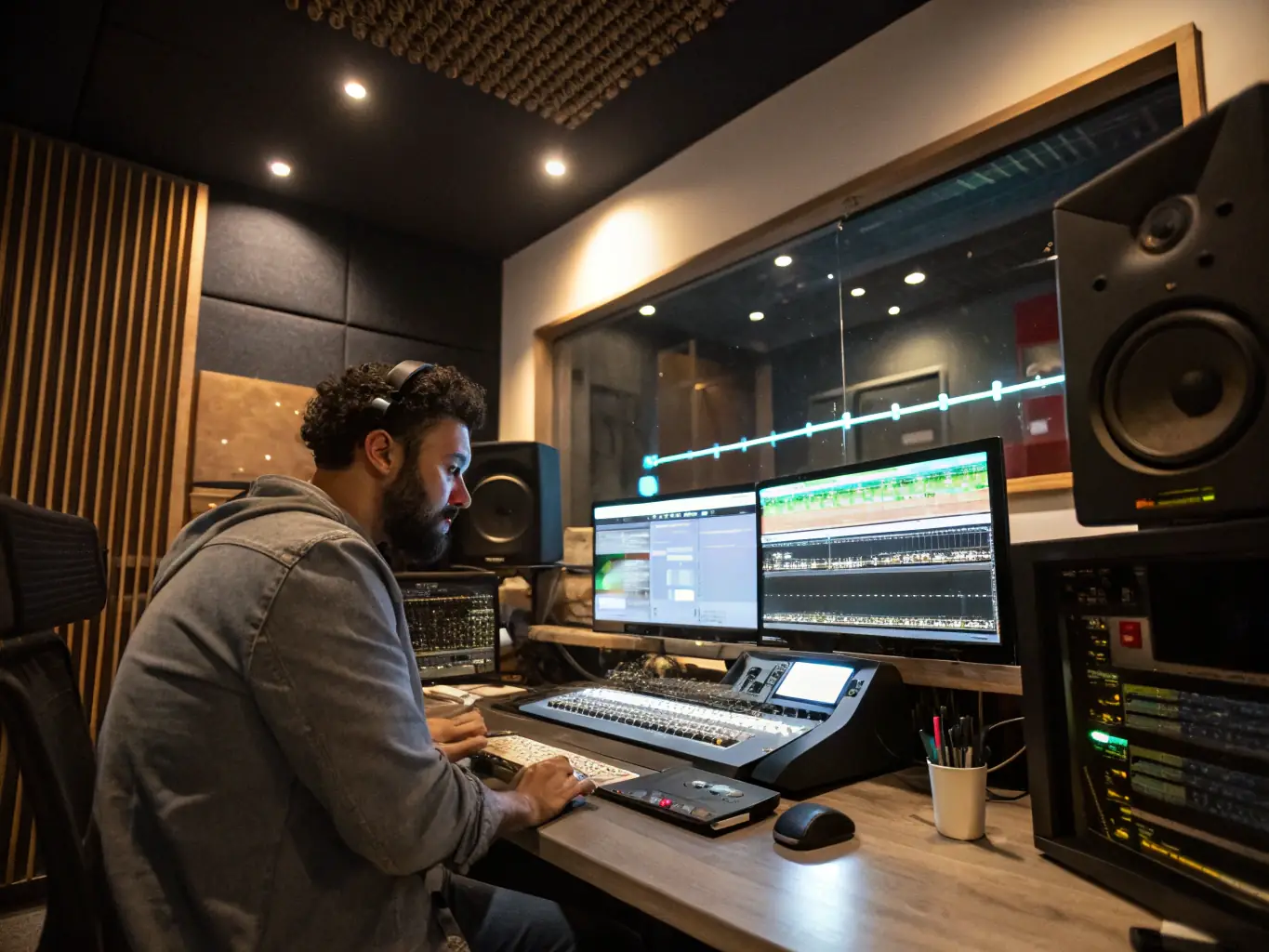 A sound designer working on a digital audio workstation, creating sound effects and soundscapes for a project, representing Myrian Sound Solutions' sound design services.