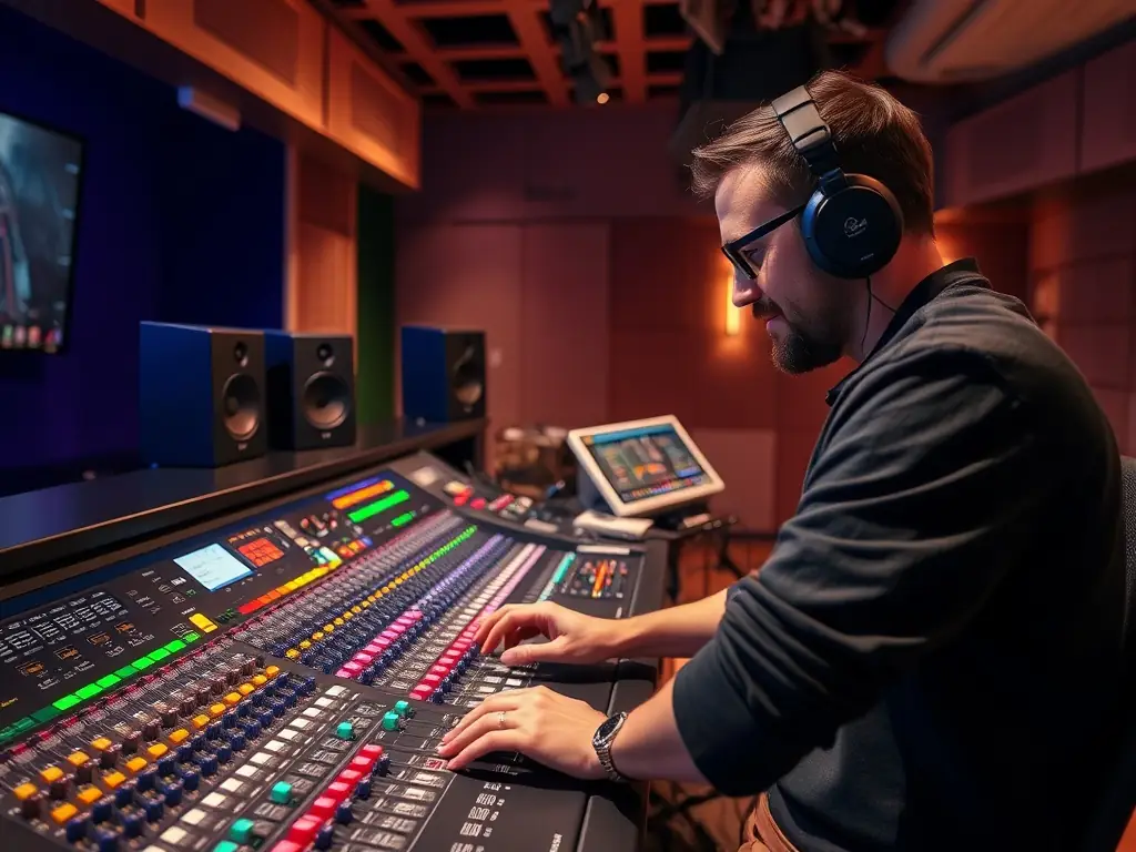 A mixing console with multiple audio tracks being adjusted by an engineer, balancing elements and optimizing sound for various platforms.