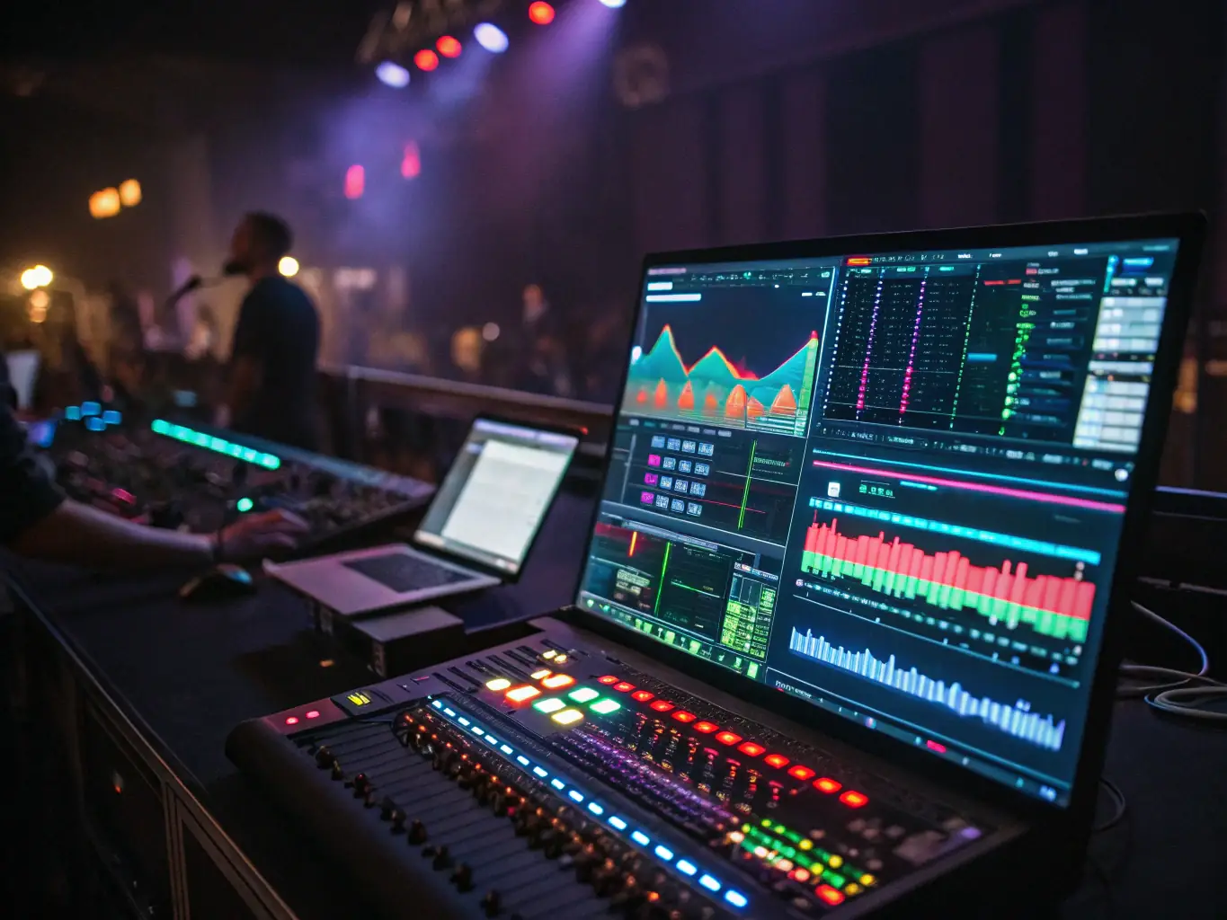 A sound engineer working on layered sound effects using advanced software, creating immersive soundscapes for a film project.