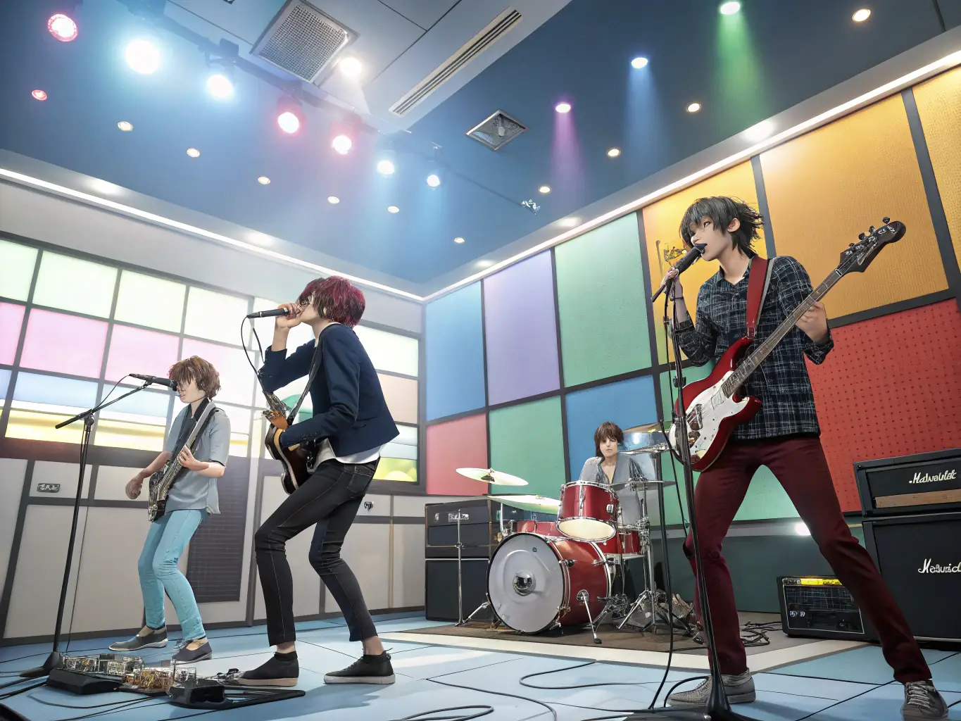 A state-of-the-art recording studio with artists performing in a soundproof booth, capturing the essence of a live music session.